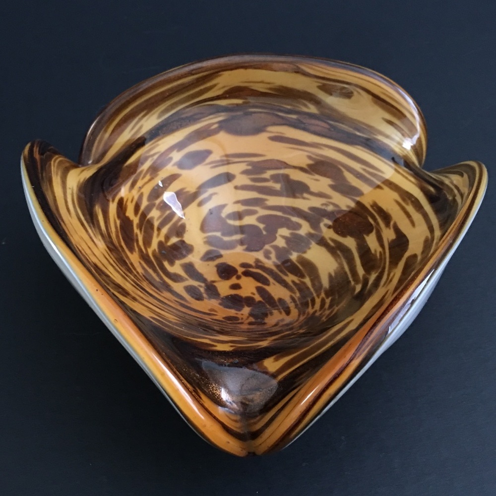 Vintage Murano Art Glass Triangular Dish Aventurine Tigers Eye